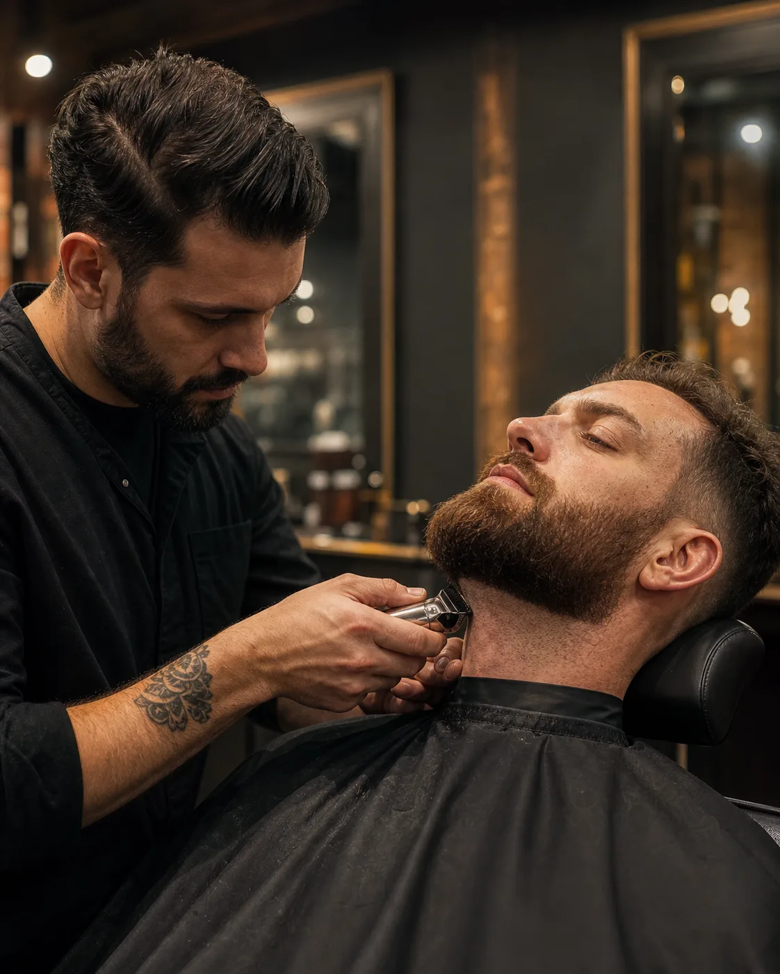 Barber carefully shaping a beard