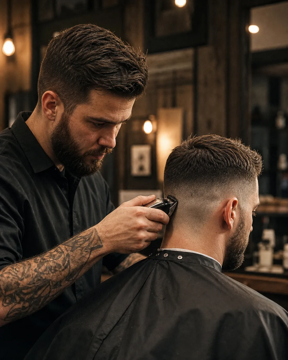 Barber carefully finishing a fade