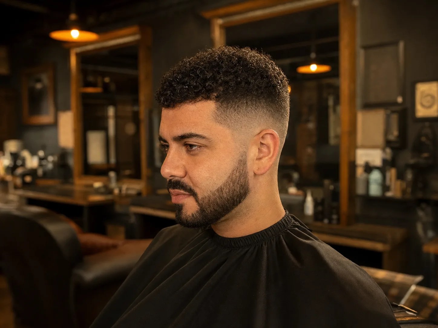 Finished curly crop, mid fade and shaped beard